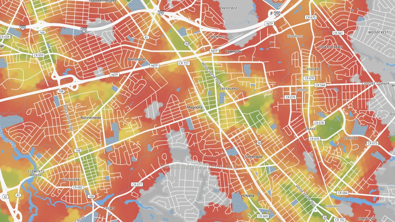 Walk Grade map of 08049, NJ, walkable areas in green and car-dependent areas in red