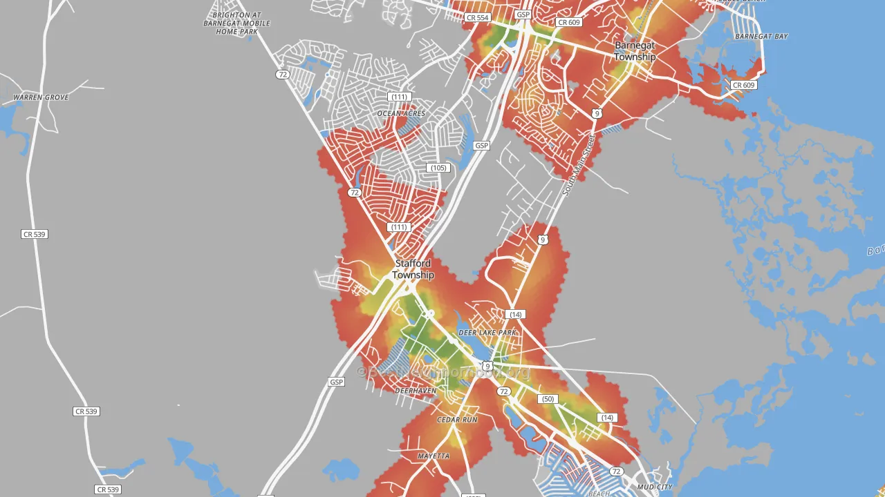 Walk Grade map of 08050, NJ, walkable areas in green and car-dependent areas in red