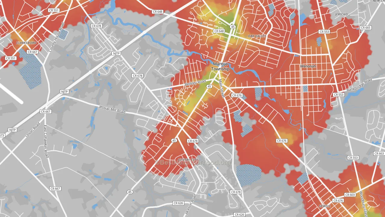 Walk Grade map of 08051, NJ, walkable areas in green and car-dependent areas in red