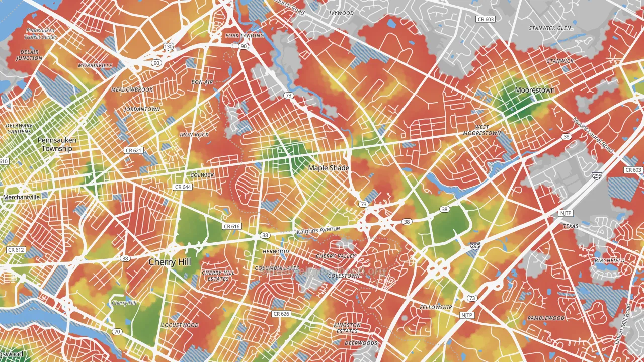 Walk Grade map of 08052, NJ, walkable areas in green and car-dependent areas in red
