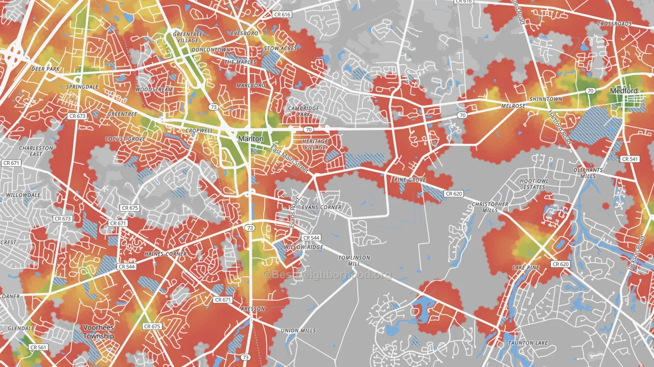 Walk Grade map of 08053, NJ, walkable areas in green and car-dependent areas in red