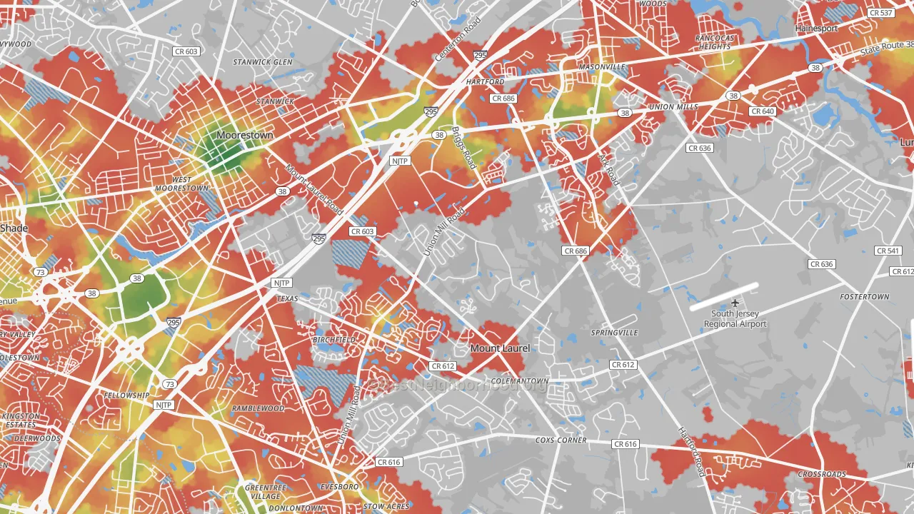 Walk Grade map of 08054, NJ, walkable areas in green and car-dependent areas in red