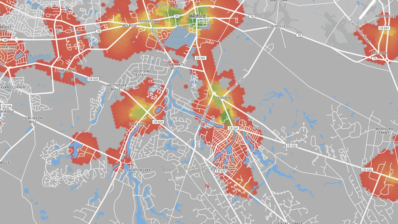 Walk Grade map of 08055, NJ, walkable areas in green and car-dependent areas in red