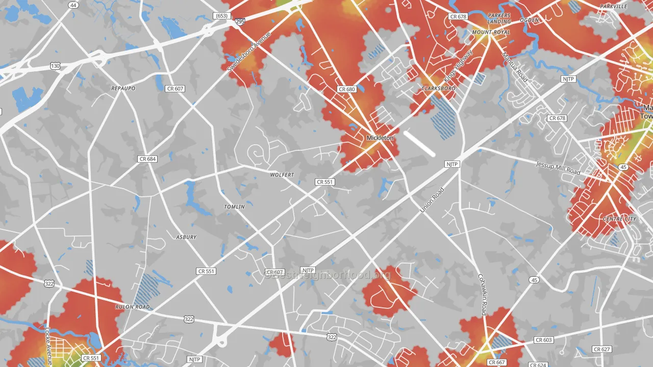 Walk Grade map of 08056, NJ, walkable areas in green and car-dependent areas in red