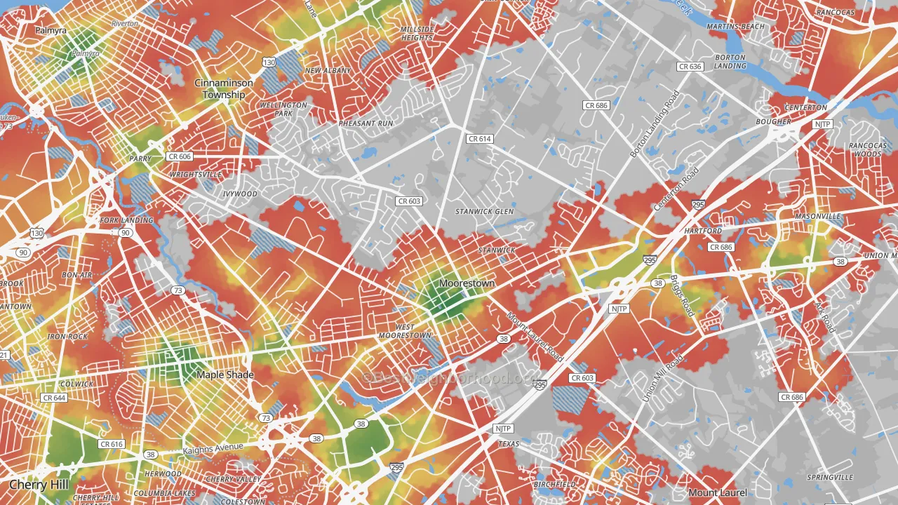 Walk Grade map of 08057, NJ, walkable areas in green and car-dependent areas in red