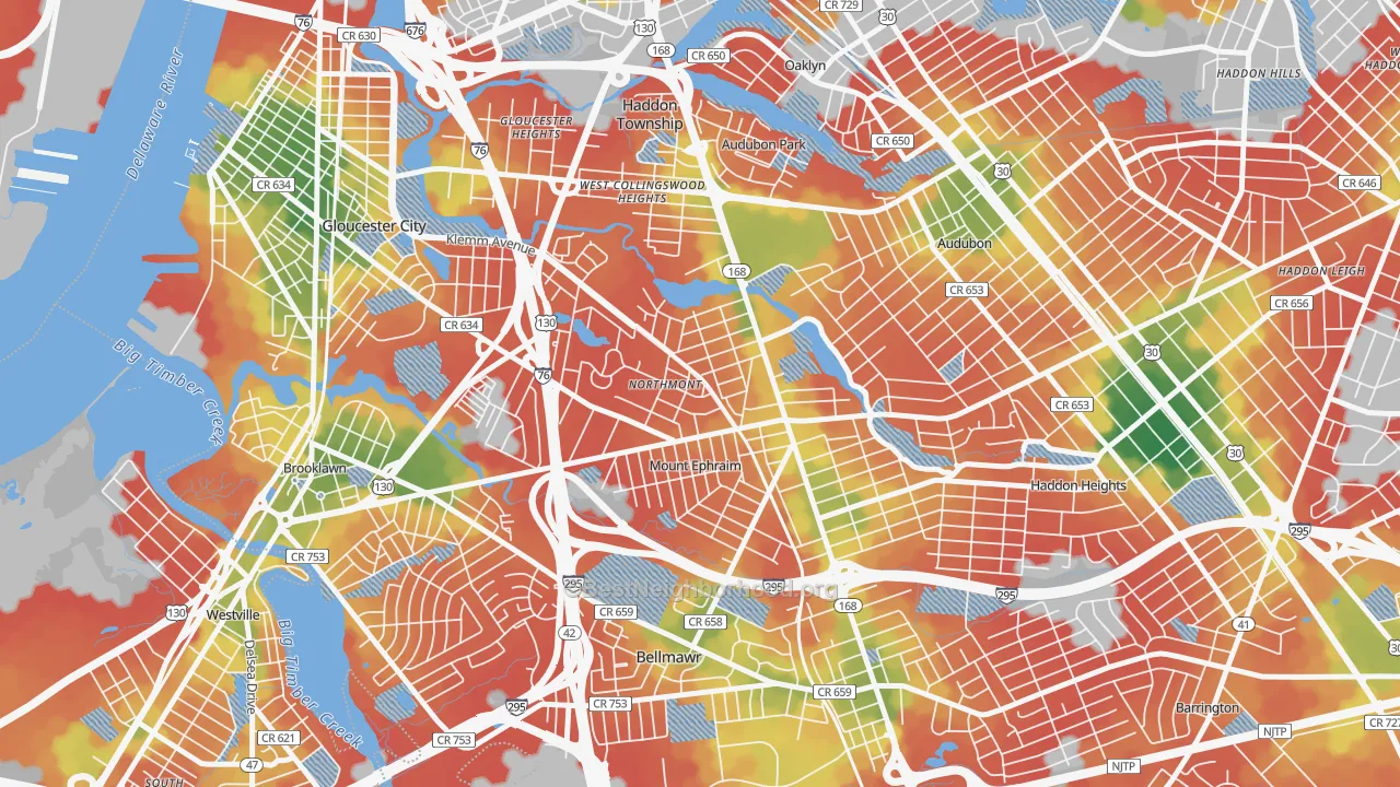 Walk Grade map of 08059, NJ, walkable areas in green and car-dependent areas in red