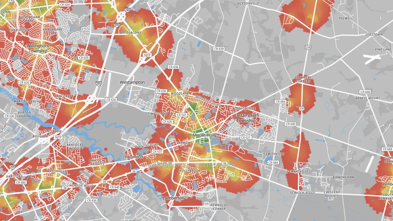 Walk Grade map of 08060, NJ, walkable areas in green and car-dependent areas in red