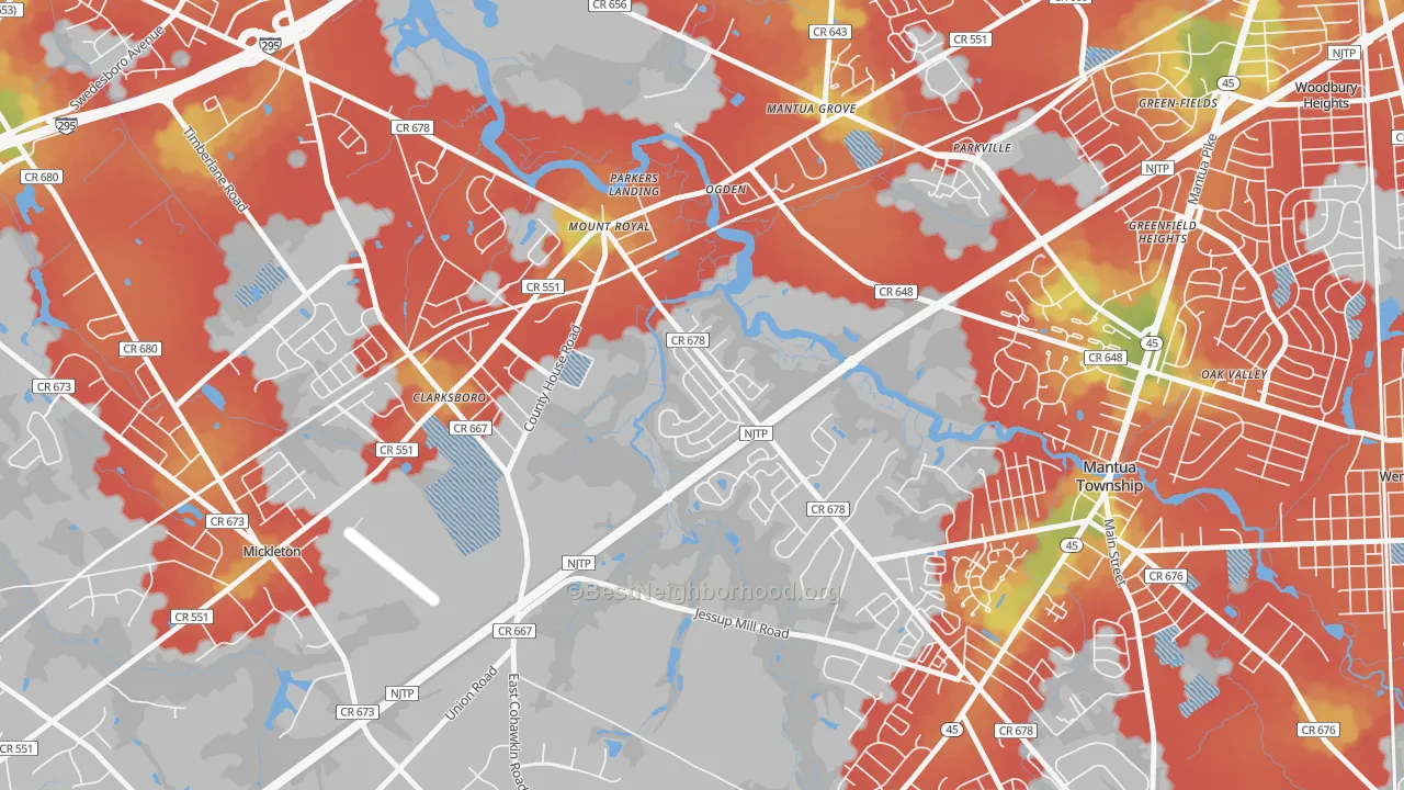 Walk Grade map of 08061, NJ, walkable areas in green and car-dependent areas in red