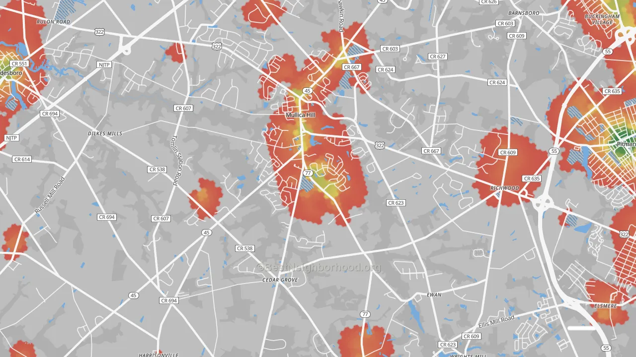 Walk Grade map of 08062, NJ, walkable areas in green and car-dependent areas in red