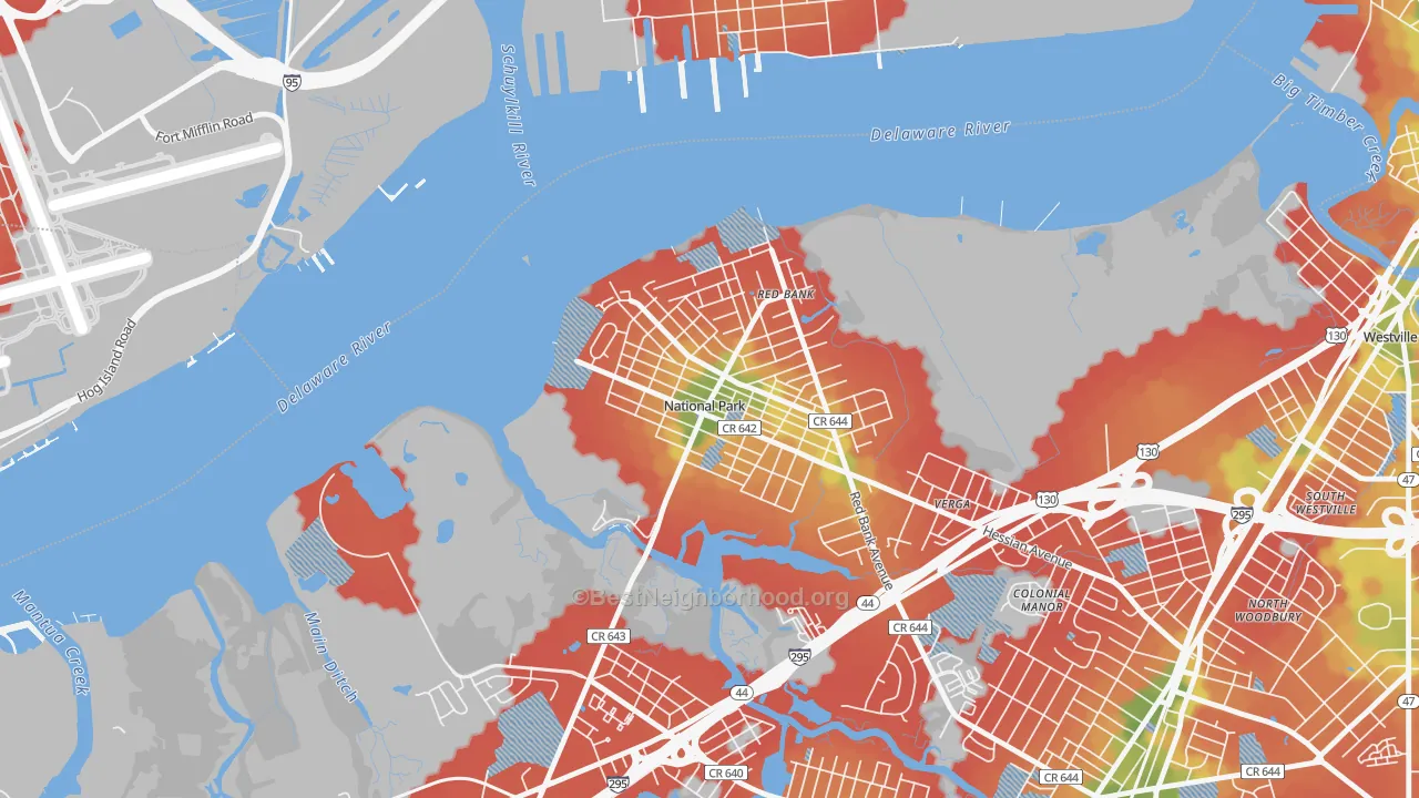 Walk Grade map of 08063, NJ, walkable areas in green and car-dependent areas in red
