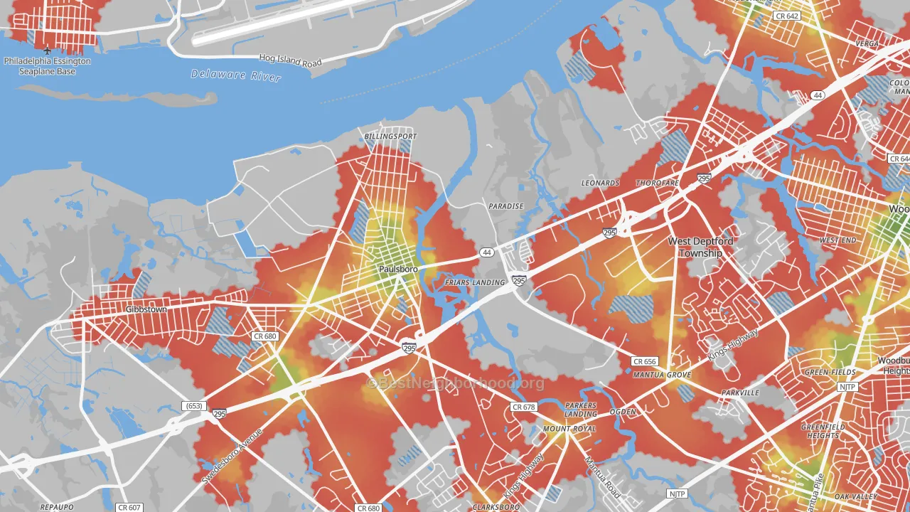 Walk Grade map of 08066, NJ, walkable areas in green and car-dependent areas in red