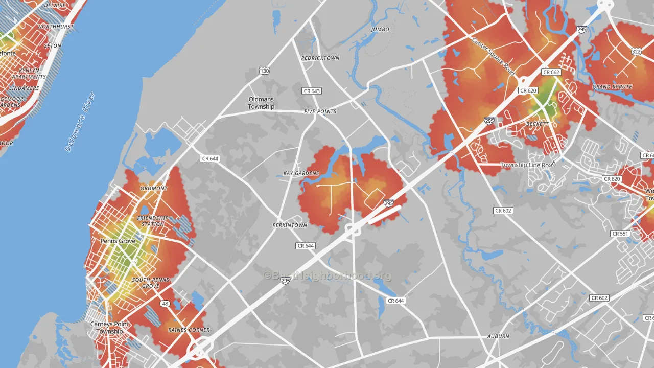 Walk Grade map of 08067, NJ, walkable areas in green and car-dependent areas in red