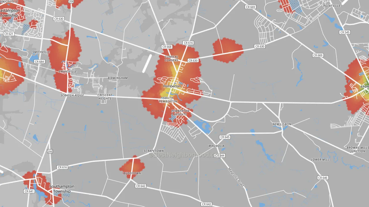 Walk Grade map of 08068, NJ, walkable areas in green and car-dependent areas in red