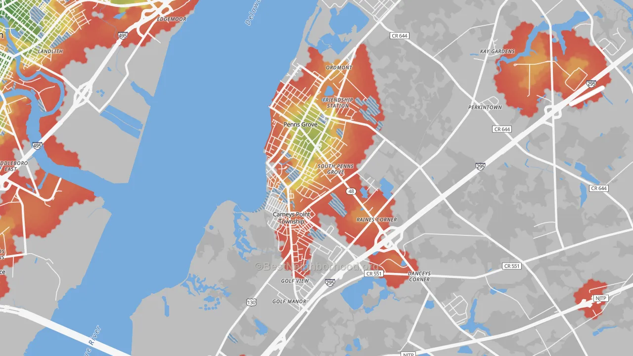 Walk Grade map of 08069, NJ, walkable areas in green and car-dependent areas in red
