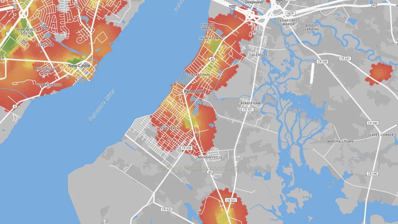 Walk Grade map of 08070, NJ, walkable areas in green and car-dependent areas in red