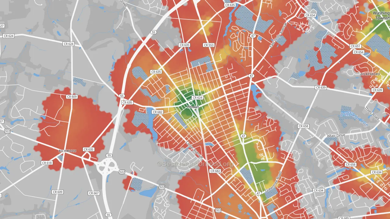 Walk Grade map of 08071, NJ, walkable areas in green and car-dependent areas in red