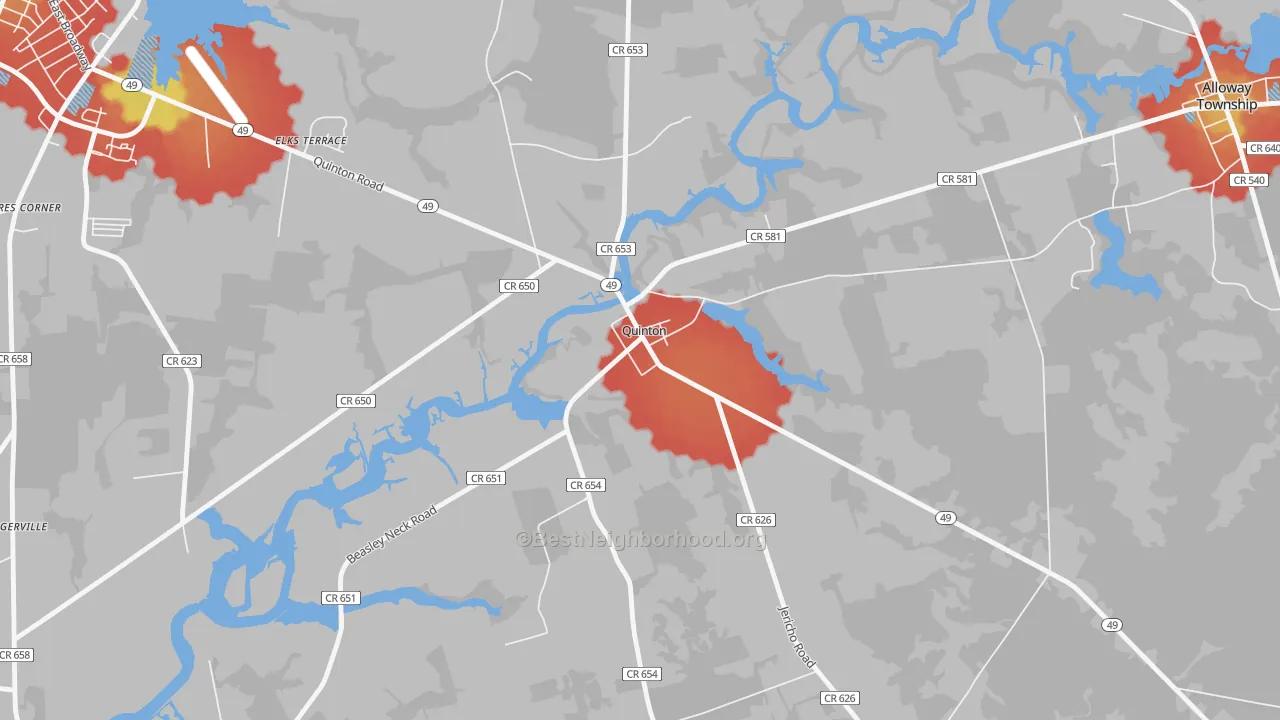Walk Grade map of 08072, NJ, walkable areas in green and car-dependent areas in red