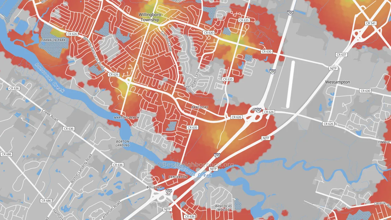 Walk Grade map of 08073, NJ, walkable areas in green and car-dependent areas in red