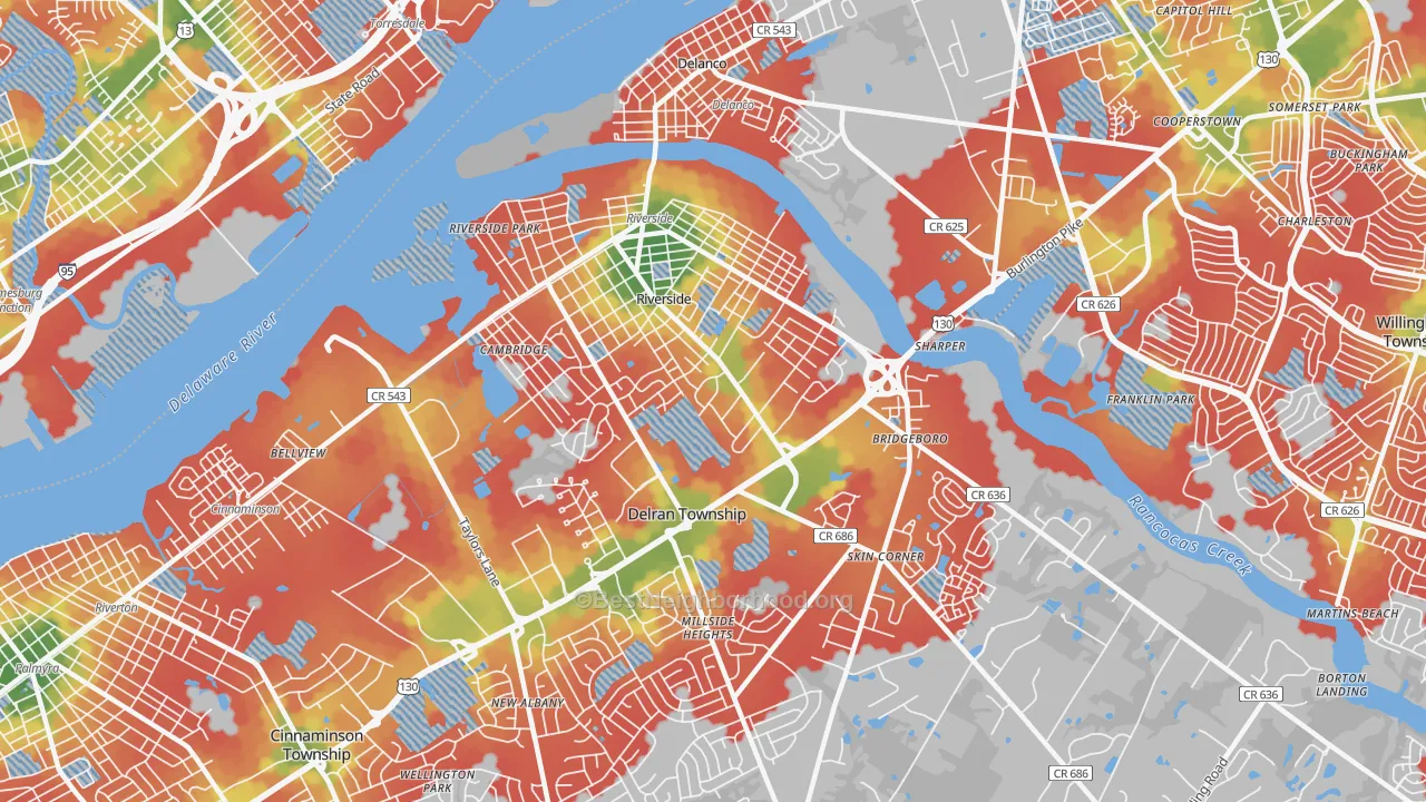 Walk Grade map of 08075, NJ, walkable areas in green and car-dependent areas in red