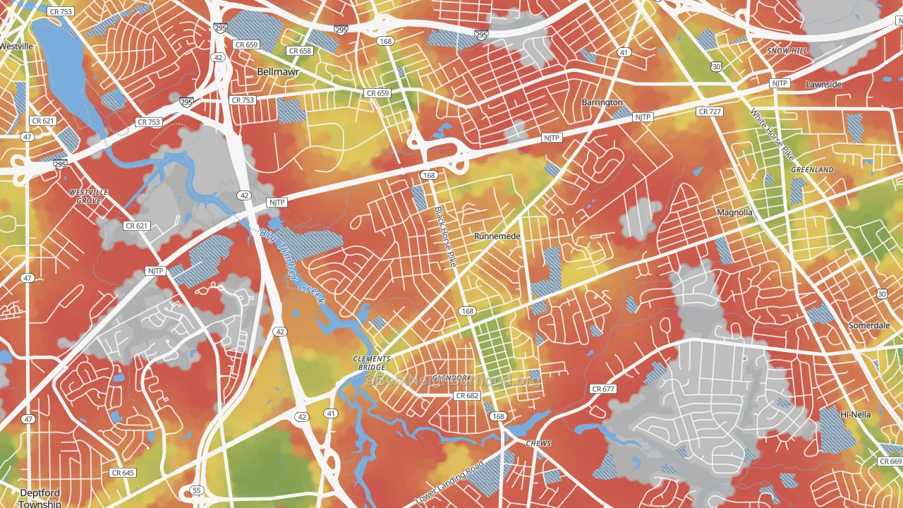 Walk Grade map of 08078, NJ, walkable areas in green and car-dependent areas in red