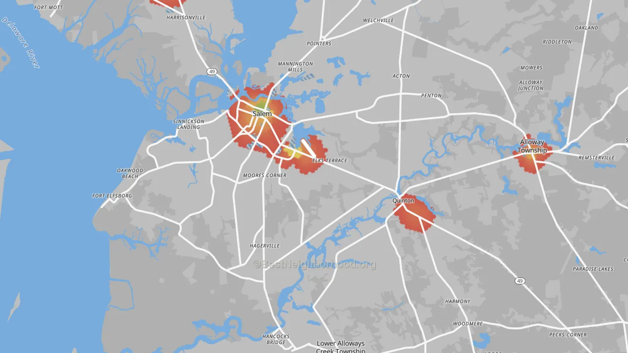 Walk Grade map of 08079, NJ, walkable areas in green and car-dependent areas in red