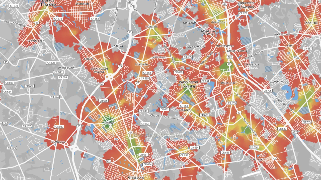 Walk Grade map of 08080, NJ, walkable areas in green and car-dependent areas in red