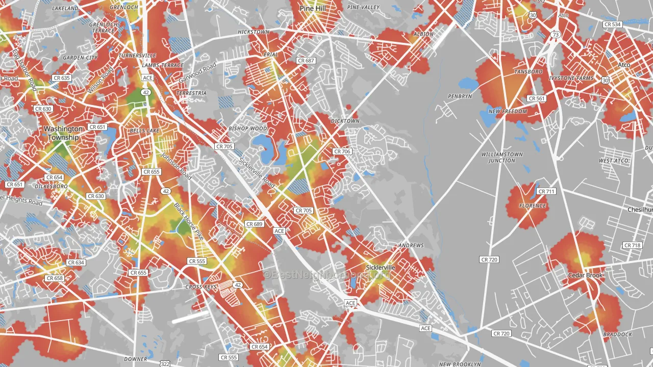 Walk Grade map of 08081, NJ, walkable areas in green and car-dependent areas in red