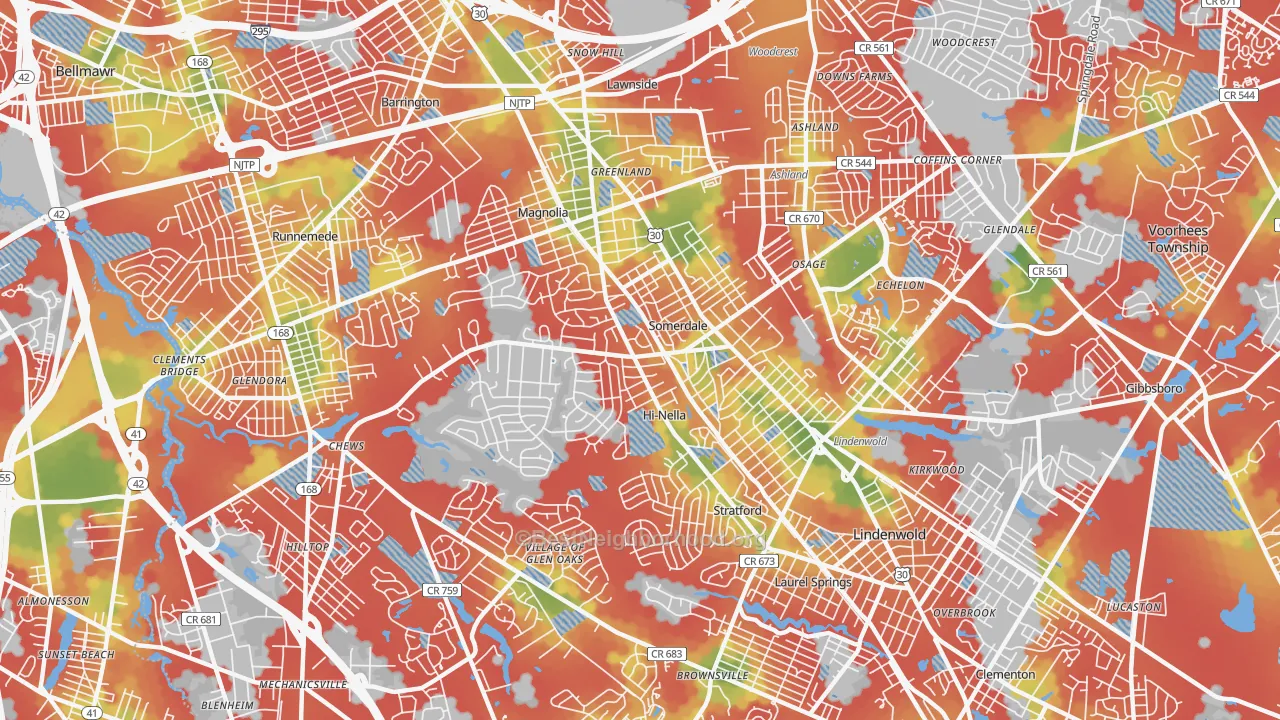Walk Grade map of 08083, NJ, walkable areas in green and car-dependent areas in red