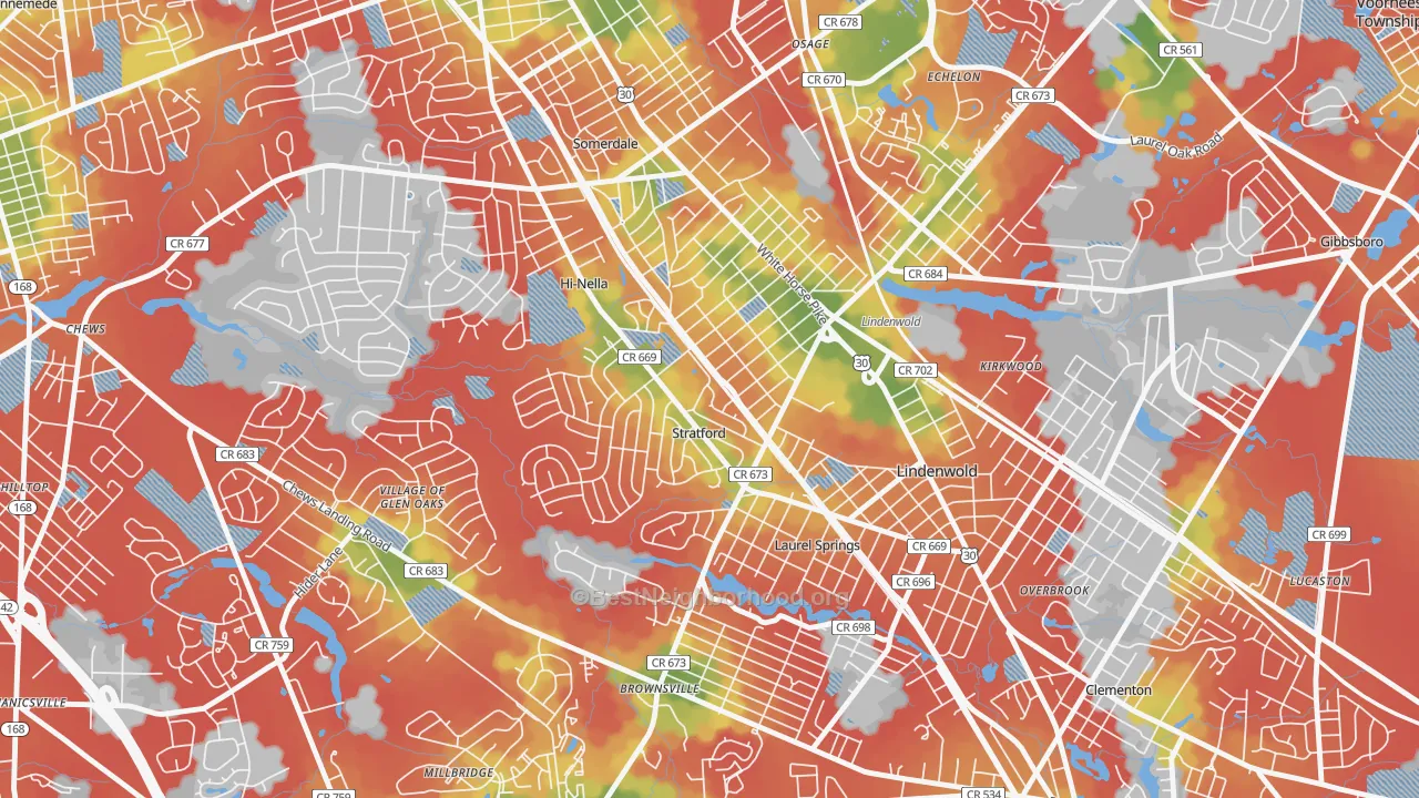 Walk Grade map of 08084, NJ, walkable areas in green and car-dependent areas in red