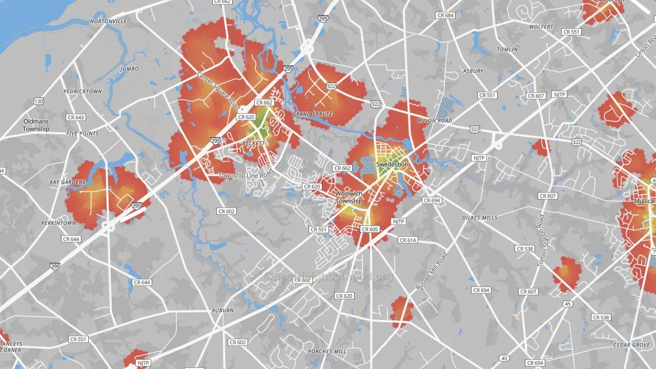 Walk Grade map of 08085, NJ, walkable areas in green and car-dependent areas in red