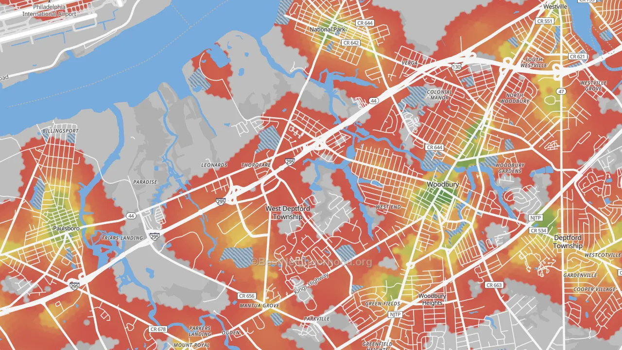 Walk Grade map of 08086, NJ, walkable areas in green and car-dependent areas in red