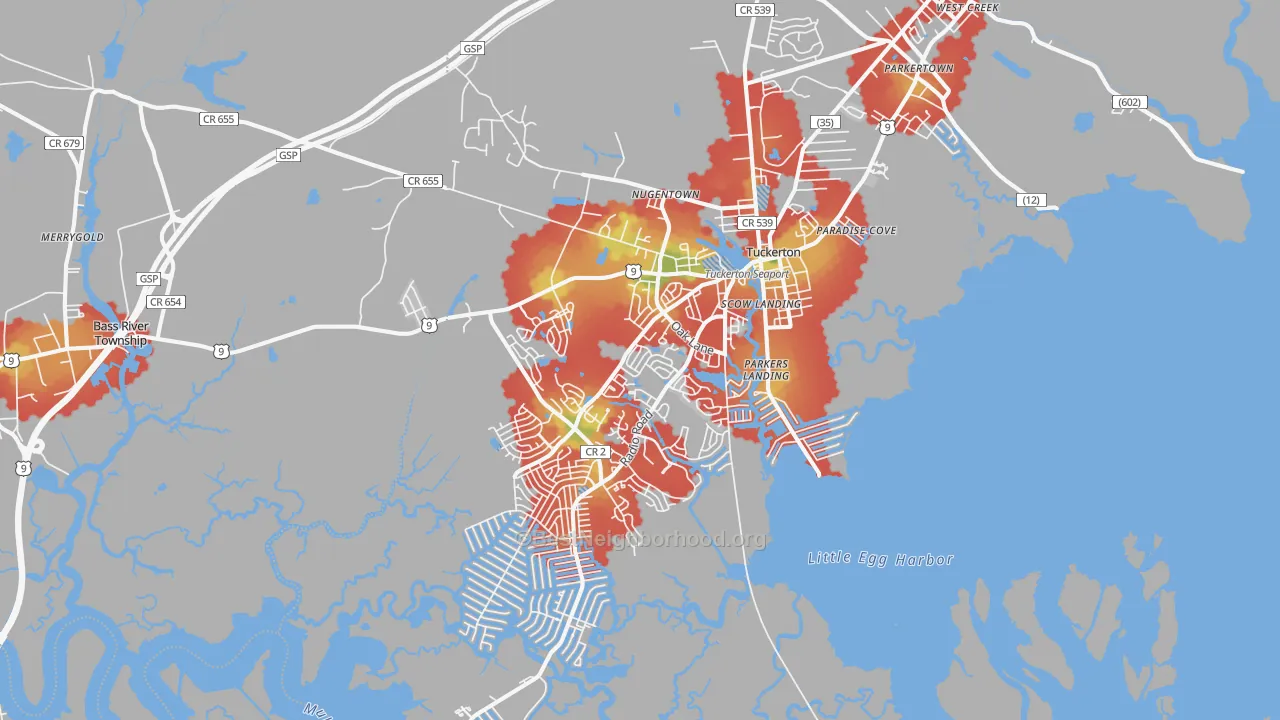 Walk Grade map of 08087, NJ, walkable areas in green and car-dependent areas in red