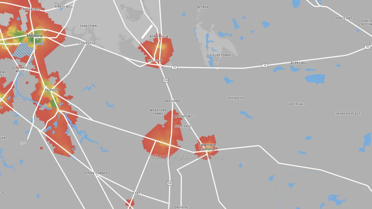 Walk Grade map of 08088, NJ, walkable areas in green and car-dependent areas in red