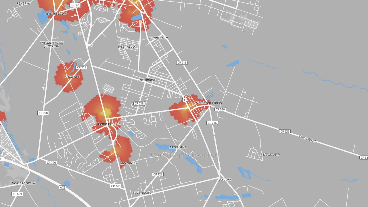 Walk Grade map of 08089, NJ, walkable areas in green and car-dependent areas in red