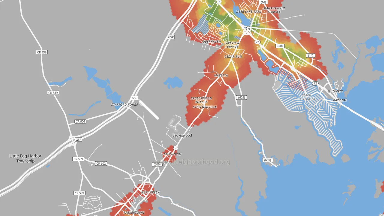 Walk Grade map of 08092, NJ, walkable areas in green and car-dependent areas in red