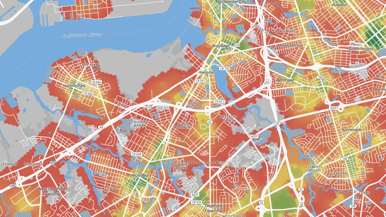 Walk Grade map of 08093, NJ, walkable areas in green and car-dependent areas in red