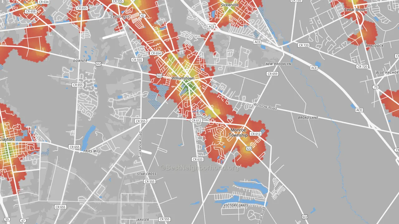 Walk Grade map of 08094, NJ, walkable areas in green and car-dependent areas in red