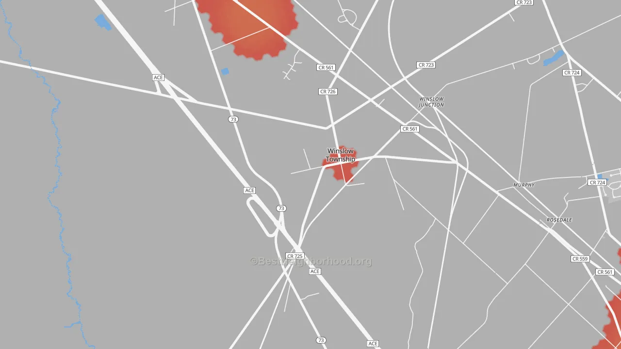 Walk Grade map of 08095, NJ, walkable areas in green and car-dependent areas in red