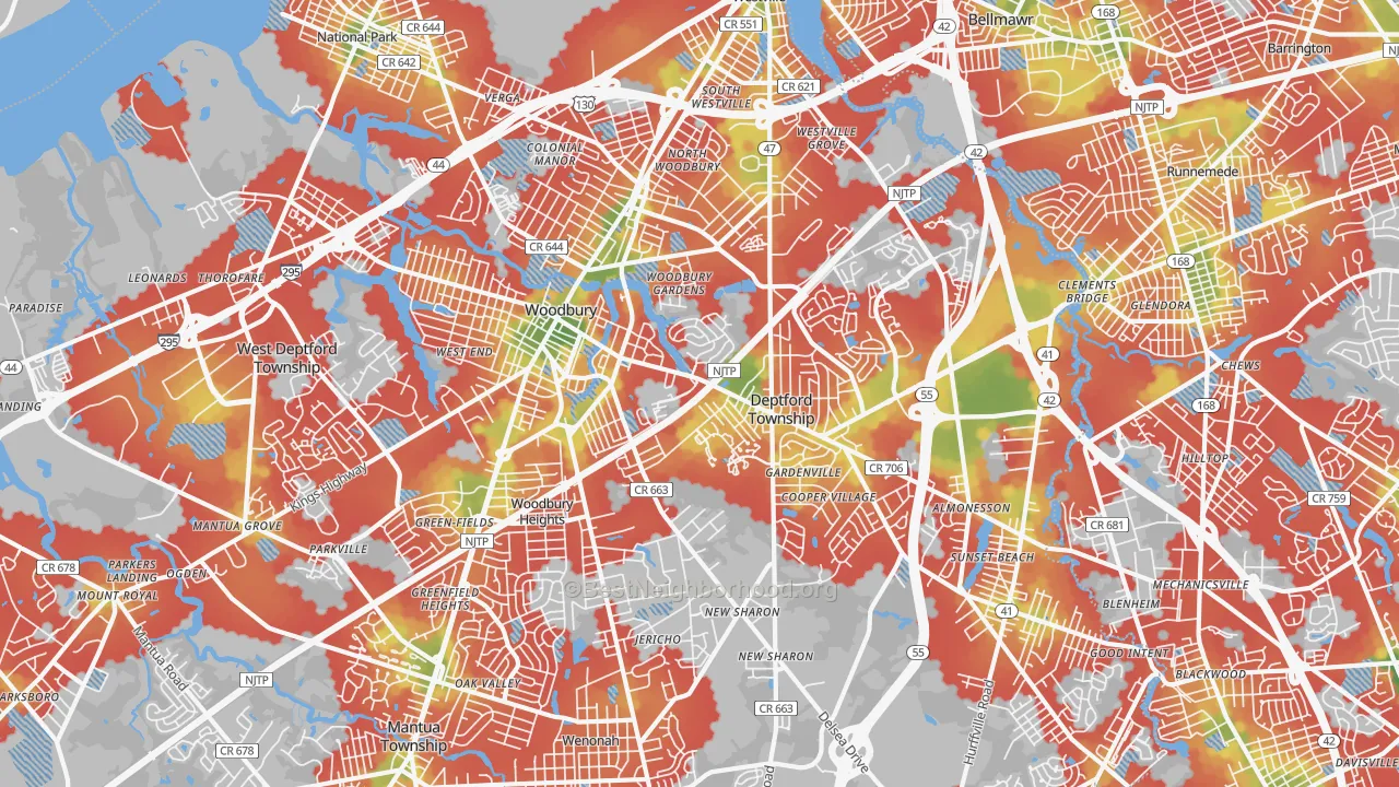 Walk Grade map of 08096, NJ, walkable areas in green and car-dependent areas in red