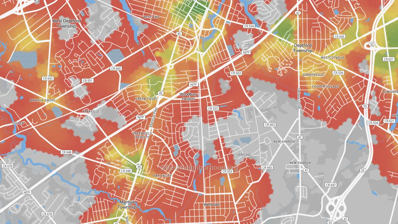 Walk Grade map of 08097, NJ, walkable areas in green and car-dependent areas in red