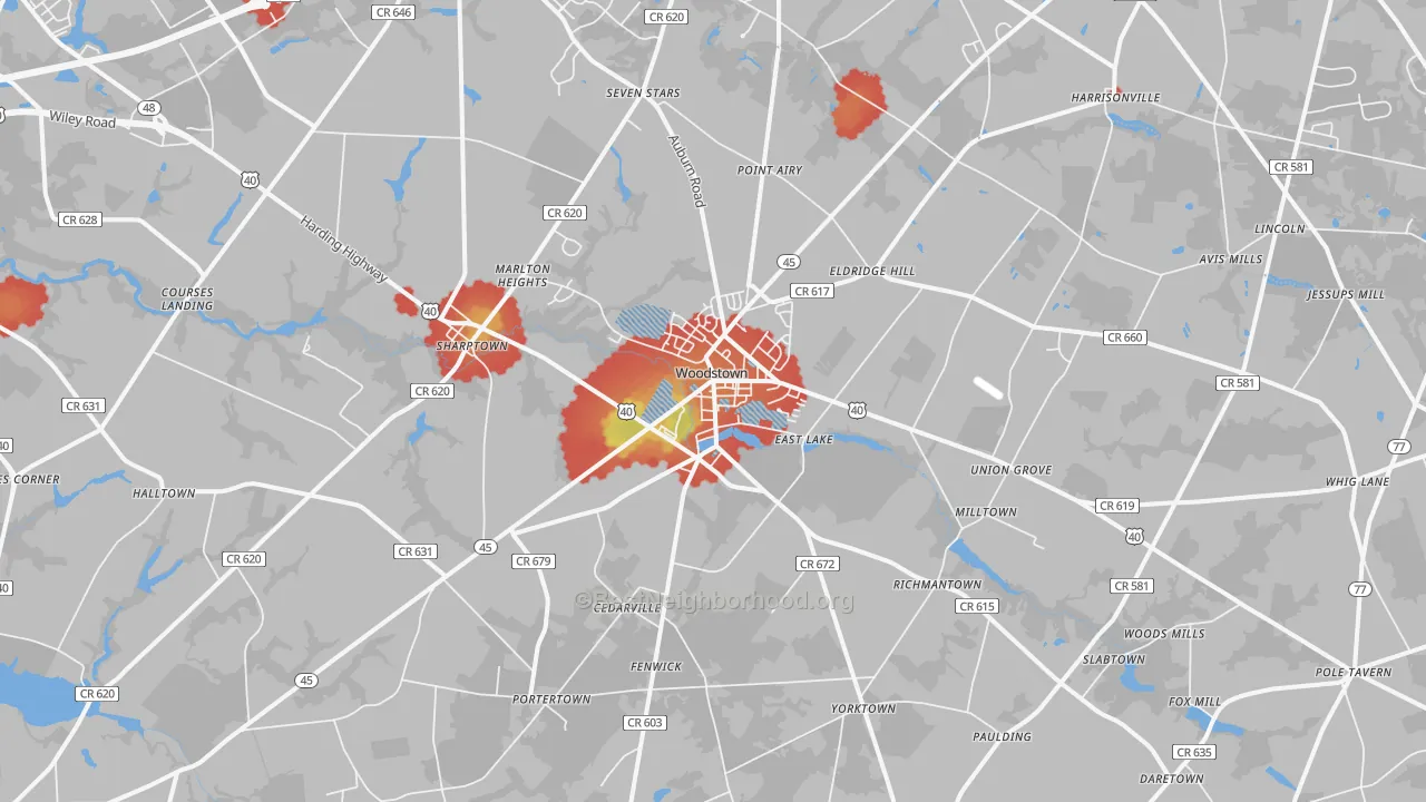 Walk Grade map of 08098, NJ, walkable areas in green and car-dependent areas in red