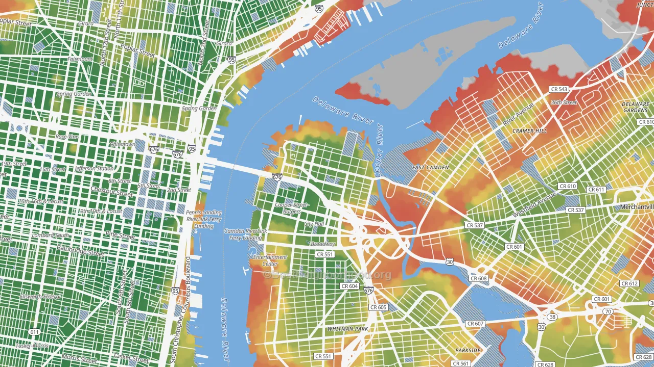 Walk Grade map of 08102, NJ, walkable areas in green and car-dependent areas in red