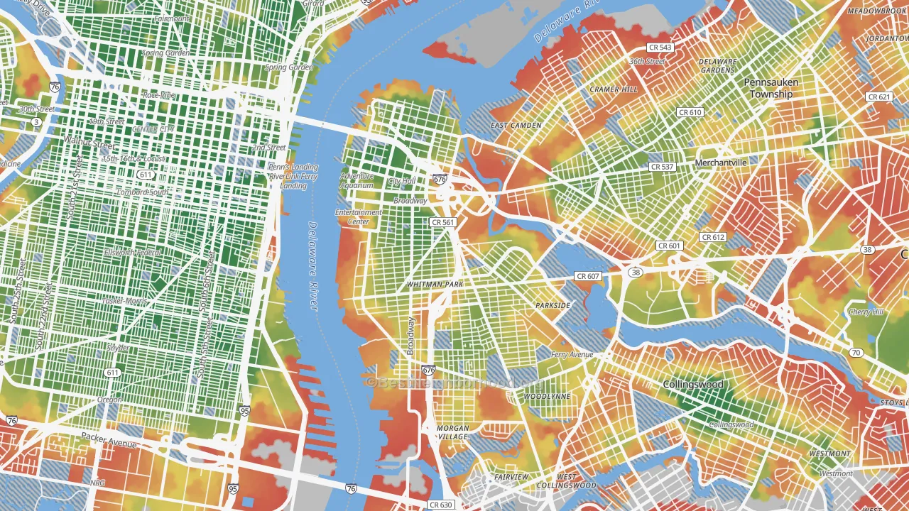 Walk Grade map of 08103, NJ, walkable areas in green and car-dependent areas in red