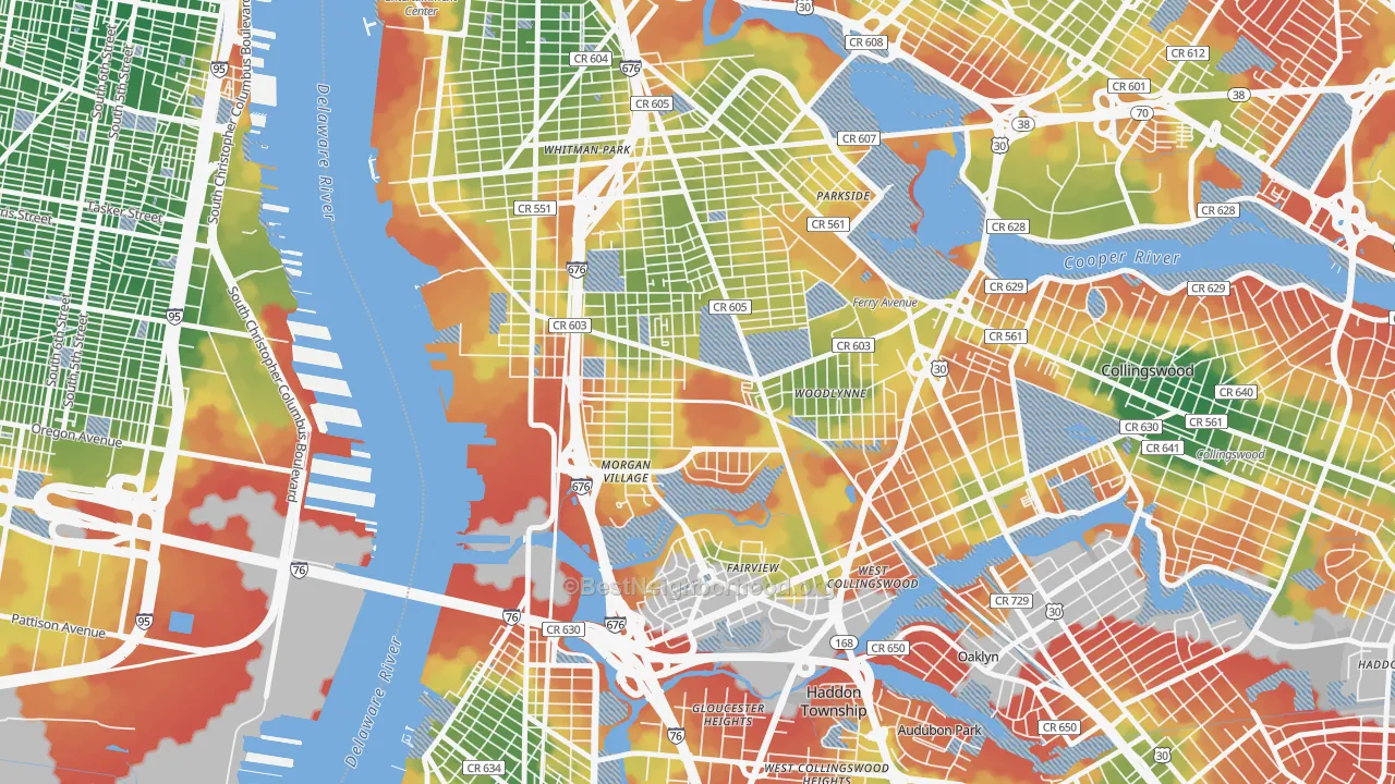 Walk Grade map of 08104, NJ, walkable areas in green and car-dependent areas in red