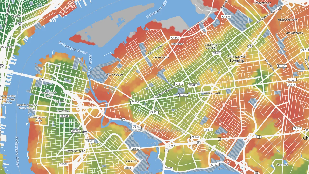 Walk Grade map of 08105, NJ, walkable areas in green and car-dependent areas in red