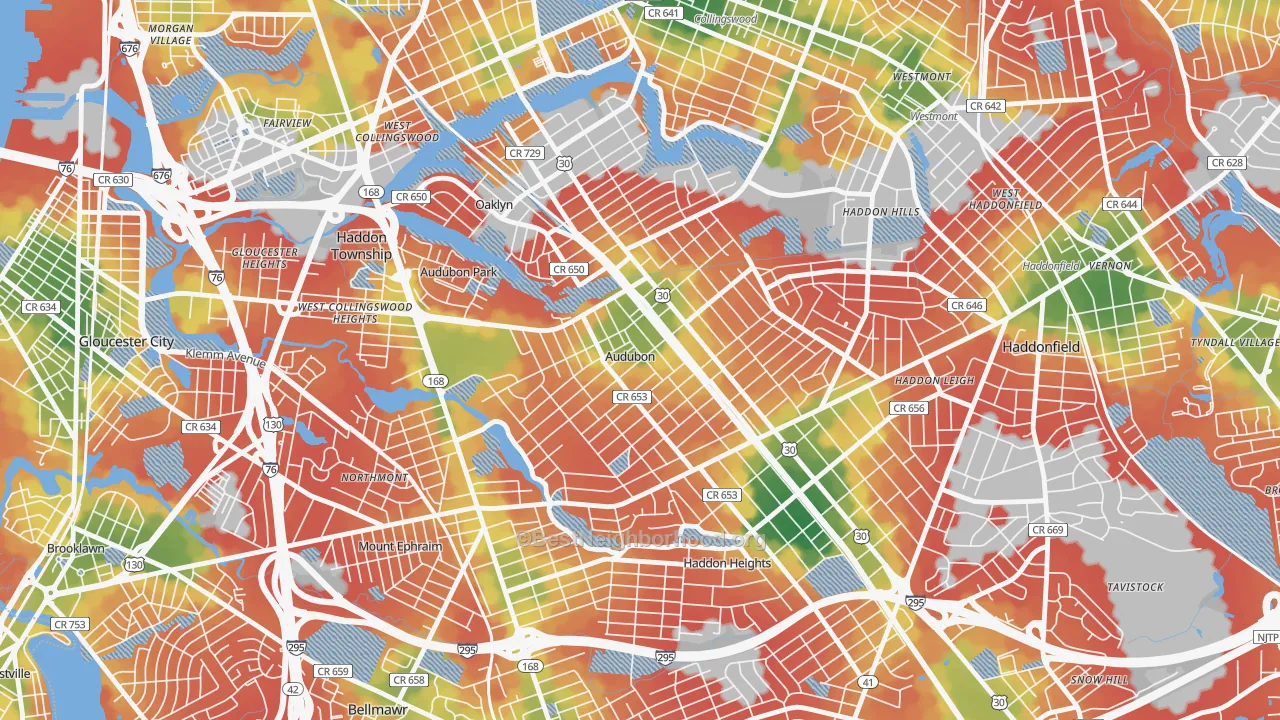 Walk Grade map of 08106, NJ, walkable areas in green and car-dependent areas in red