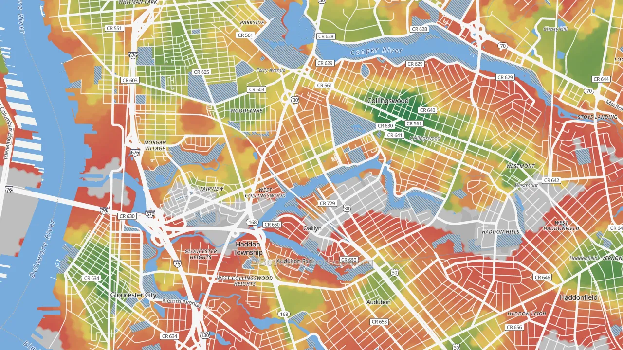 Walk Grade map of 08107, NJ, walkable areas in green and car-dependent areas in red