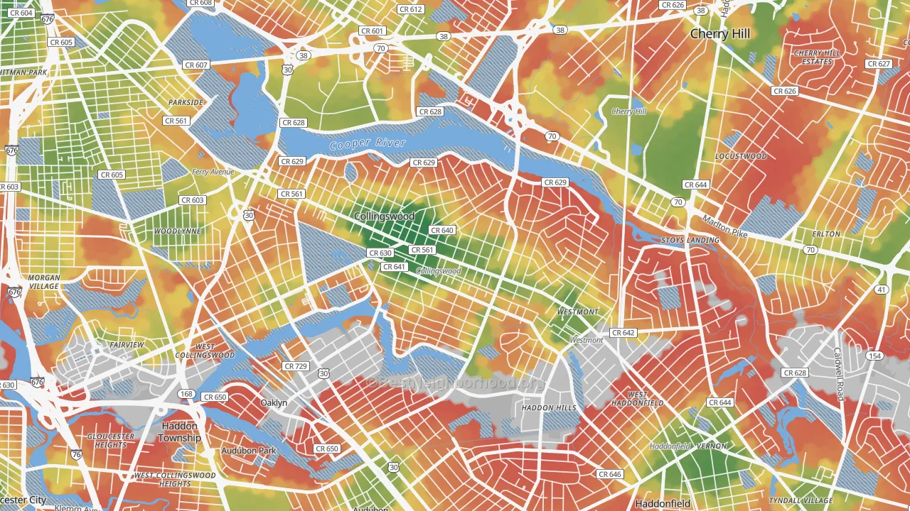 Walk Grade map of 08108, NJ, walkable areas in green and car-dependent areas in red