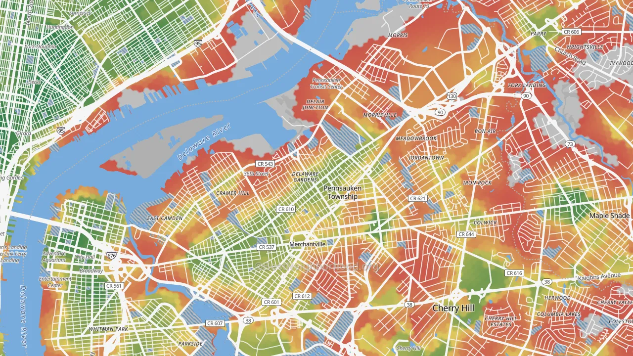 Walk Grade map of 08110, NJ, walkable areas in green and car-dependent areas in red