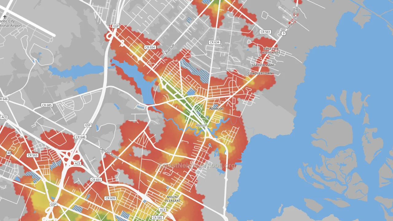 Walk Grade map of 08201, NJ, walkable areas in green and car-dependent areas in red